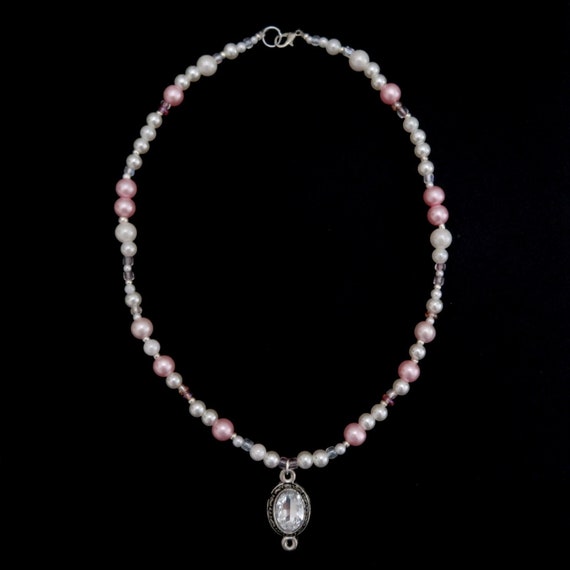 handmade, pearls, pink and white glass beads coquette crystal pendant  necklace