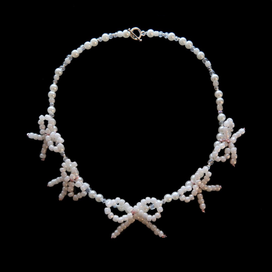 Handmade, Pearls, Pink and White Glass Beads Pearl Bow Coquette Necklace Etsy