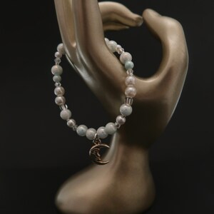 handmade, pearls, blue and white glass beads coquette preppy charm moon bracelet