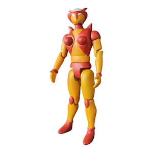 Puede incluir: Una figura de acción de robot femenino de color rojo y amarillo con un casco blanco. La figura tiene brazos y piernas articulados.