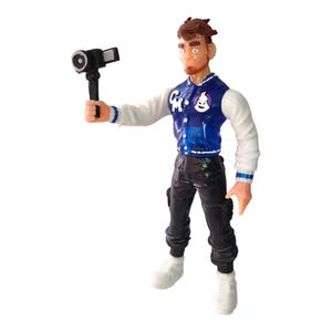 May include: A blue and white varsity jacket with a ghost logo, black pants, and white sneakers. The figure is holding a black camera on a tripod.