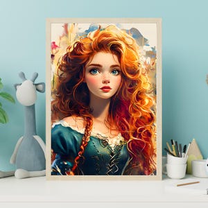 Póster de la princesa Mérida con arco y flecha, decoración de dormitorio para niña, tamaño A4, A3, PNG, 300 DPI