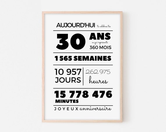 Affiche 30 ans Poster / Carte à imprimer du 30ème anniversaire Décoration  de fête d'anniversaire Idée cadeau du trentième anniversaire -  France