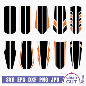 May include: A collection of ten black and orange graphic decal designs featuring various vertical stripe patterns, geometric shapes, and lightning bolt motifs. The bottom text displays the file formats SVG, EPS, DXF, PNG, and JPG with a clean cut icon.