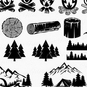 May include: Black and white silhouette illustrations of camping and nature elements, including a campfire, a folding chair, a log, a tree stump, a group of trees, a mountain range, and a tent.