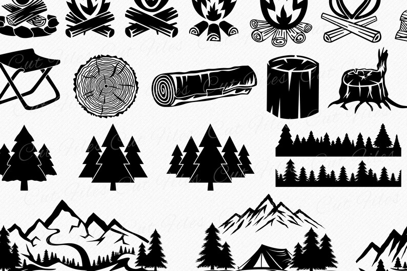 May include: Black and white silhouette illustrations of camping and nature elements, including a campfire, a folding chair, a log, a tree stump, a group of trees, a mountain range, and a tent.