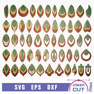 May include: A set of 36 digital cut files for leather earrings. The earrings are in various shapes and designs, with a mix of green, brown, and beige colors. The files are in SVG, EPS, and DXF formats.
