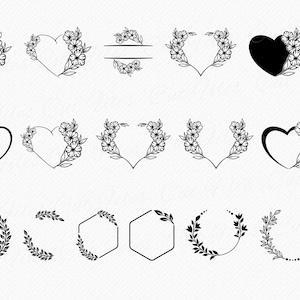 May include: A set of 18 black and white floral and leaf wreaths and frames. The wreaths and frames are in various shapes, including circles, hearts, and hexagons. Some of the wreaths and frames are filled with flowers, while others are empty.