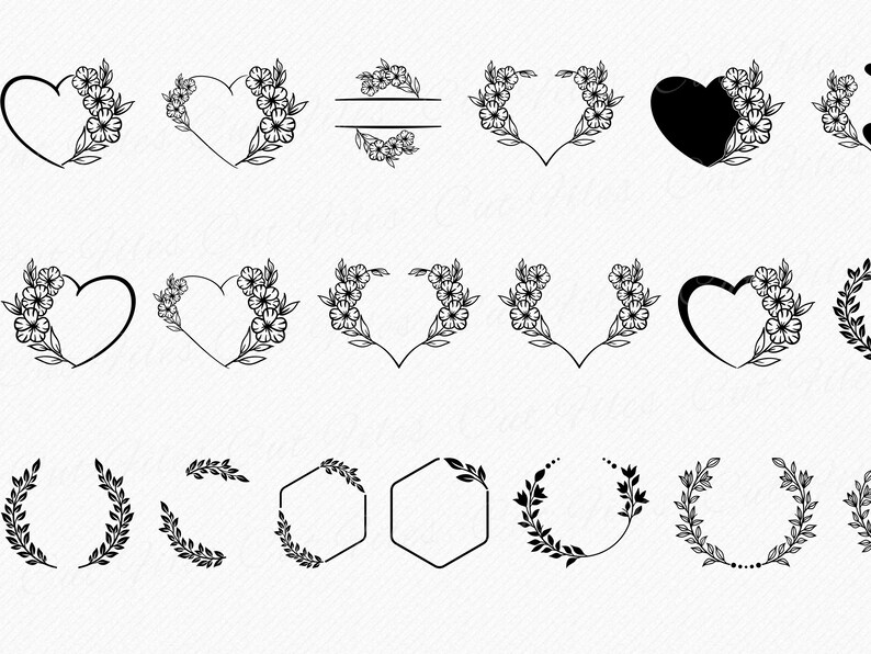 May include: A set of 18 black and white floral and leaf wreaths and frames. The wreaths and frames are in various shapes, including circles, hearts, and hexagons. Some of the wreaths and frames are filled with flowers, while others are empty.