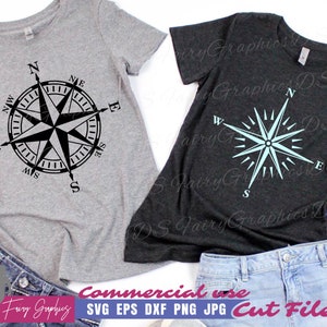 May include: Two t-shirts with a compass design. The left t-shirt is gray with a black compass. The right t-shirt is black with a light blue compass. Both compasses have a star in the center and the cardinal directions are labeled.