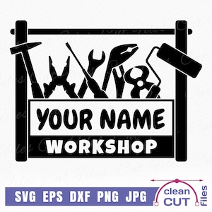 May include: Black and white silhouette of a toolbox with various tools inside, including a hammer, pliers, screwdriver, wrench, and paint roller. The text "YOUR NAME WORKSHOP" is written on the front of the toolbox.
