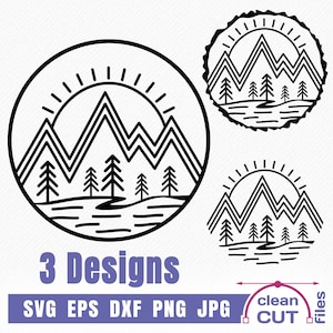 Montagna SVG Sunny Minimalist Mountain Scene PNG, Cerchio Frame Mountain Graphic Design, Pini Montagna e Sole Clipart file di taglio