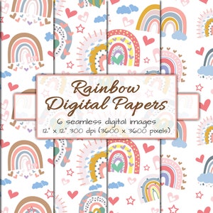 Op de afbeelding: Zes digitale papieren met een regenboogpatroon met harten, sterren, wolken en zon. De papieren zijn 30,5 cm x 30,5 cm en 300 dpi.