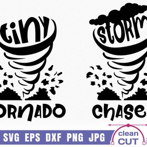 May include: Black and white silhouette design of two tornadoes, one labeled "tiny tornado" and the other "storm chaser".
