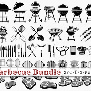 Könnte beinhalten: Ein Schwarzweiß-Vektor-Illustrationsset mit Grill und Grillzubehör. Das Set enthält verschiedene Grilltypen, Spieße, Spatel, Zangen, Gabeln, Messer und anderes Grillzubehör. Das Set enthält auch eine Kochmütze, ein Bierglas und ein Steak.