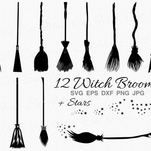 Witch Broom SVG Bundle, Broomstick Stars Halloween SVG, 12 Brooms and 4 Stars Vector Designs for Cutting and Crafting - Clipart