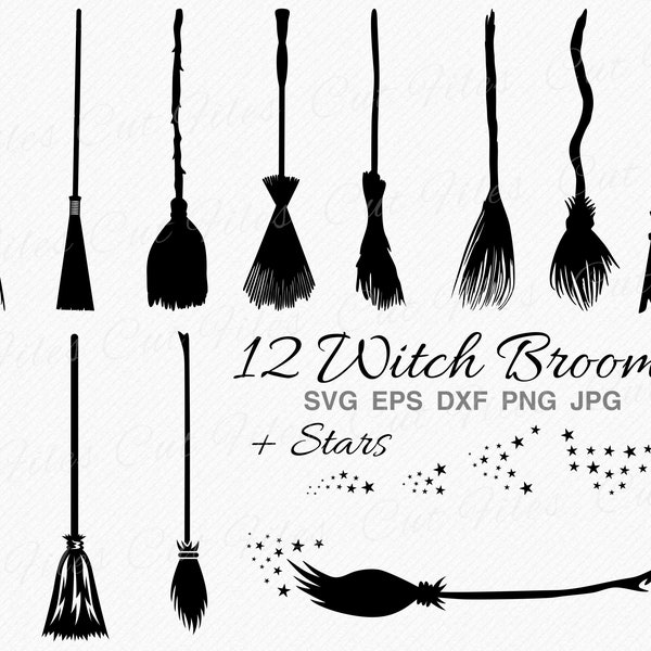 Witch Broom SVG Bundle, Broomstick Stars Halloween SVG, 12 Brooms and 4 Stars Vector Designs for Cutting and Crafting - Clipart