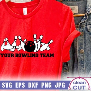 May include: Red t-shirt with a black and white graphic of bowling pins and a bowling ball. The text "Your Bowling Team" is printed below the graphic.