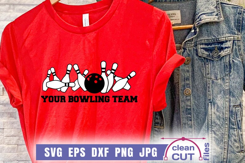 May include: Red t-shirt with a black and white graphic of bowling pins and a bowling ball. The text "Your Bowling Team" is printed below the graphic.