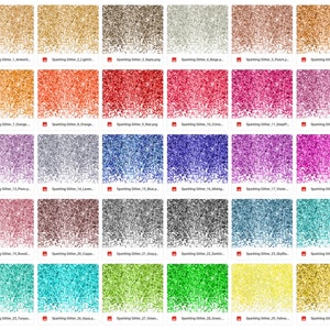 May include: A collection of 36 digital paper textures featuring sparkling glitter in various colors, including amber, light gold, topaz, beige, peach, bronze, orange, red, blue, purple, plum, lavender, pink, gray, copper, green, turquoise, yellow, and gold.