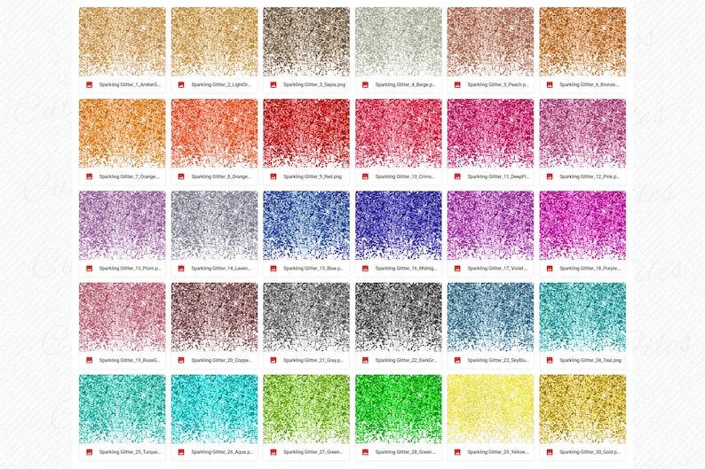 May include: A collection of 36 digital paper textures featuring sparkling glitter in various colors, including amber, light gold, topaz, beige, peach, bronze, orange, red, blue, purple, plum, lavender, pink, gray, copper, green, turquoise, yellow, and gold.