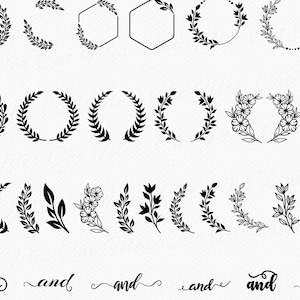 May include: A set of 20 black and white floral and leaf wreaths and borders. The wreaths are in various styles, including circular, oval, and hexagonal. The borders are in various styles, including straight, curved, and wavy.