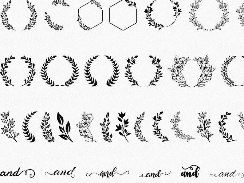 May include: A set of 20 black and white floral and leaf wreaths and borders. The wreaths are in various styles, including circular, oval, and hexagonal. The borders are in various styles, including straight, curved, and wavy.