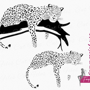 May include: Two black and white silhouette images of leopards. One leopard is lying on a branch, the other is lying on the ground. Both leopards have a spotted pattern.
