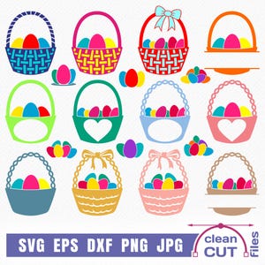 May include: A collection of colorful Easter basket designs filled with painted eggs. The baskets come in various shapes and colors, including blue, pink, green, and orange. The image also includes text that reads "SVG EPS DXF PNG JPG" and "clean cut files."