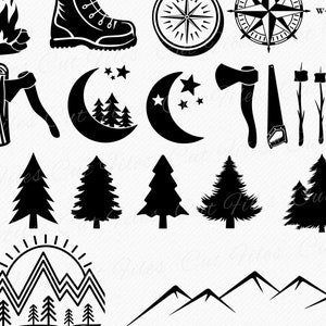 May include: Black and white vector illustrations of camping and outdoor adventure icons.  The icons include a campfire, hiking boots, a compass, a moon, a tree, an axe, a saw, a mountain range, and a sunrise.
