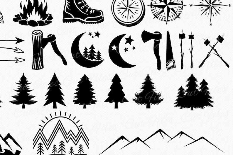 May include: Black and white vector illustrations of camping and outdoor adventure icons.  The icons include a campfire, hiking boots, a compass, a moon, a tree, an axe, a saw, a mountain range, and a sunrise.