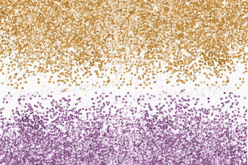 May include: A background image featuring a gradient of gold and purple glitter. The glitter is scattered randomly across the white background.