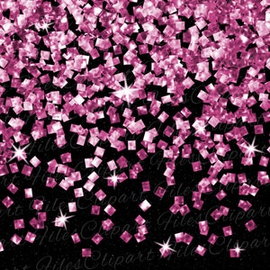 May include: Pink glitter confetti on a black background. The glitter is in the shape of small squares.