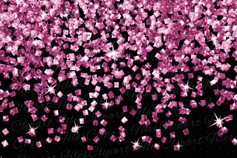May include: Pink glitter confetti on a black background. The glitter is in the shape of small squares.