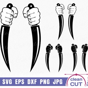 Puede incluir: Gráfico en blanco y negro de cuchillos estilizados sostenidos en puños. La imagen incluye múltiples variaciones del diseño, con el texto "SVG EPS DXF PNG JPG" y "clean CUT files" en la parte inferior.