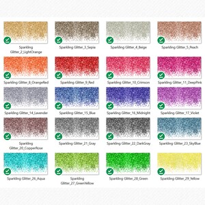 May include: A collection of 30 different colors of sparkling glitter. Each color is displayed in a separate square, with the name of the color written below it.