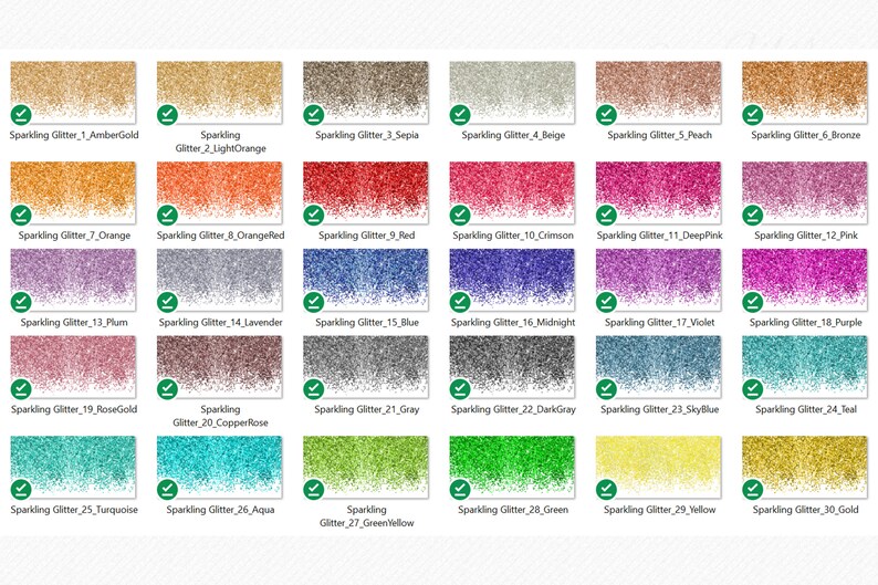 May include: A collection of 30 different colors of sparkling glitter. Each color is displayed in a separate square, with the name of the color written below it.
