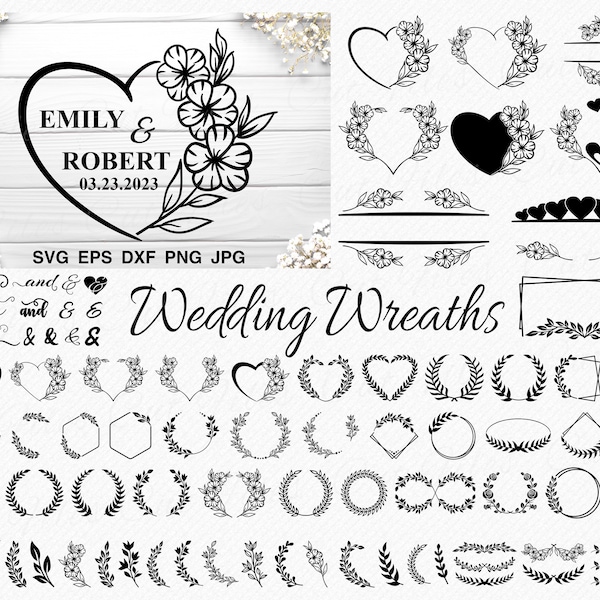 Paquete SVG de coronas de boda, monograma de corona de laurel circular con letrero floral para boda, marco floral para boda, borde SVG, diseño vectorial de Sr. y Sra.