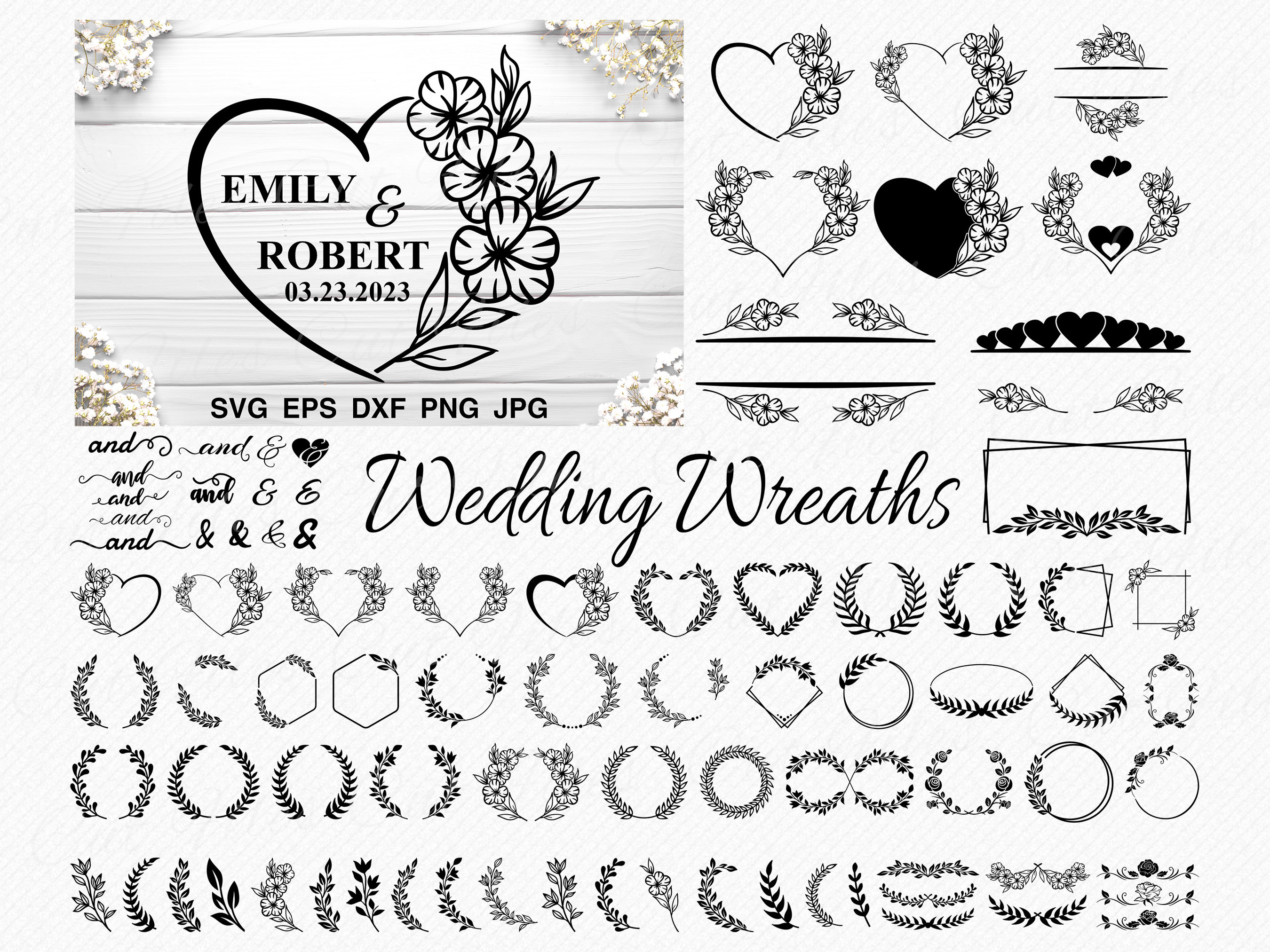 Wedding Wreaths SVG Bundle, Floral Wedding Sign Circle Laurel Wreath Monogram / Wedding Floral Frame, border svg, mr and mrs vector design