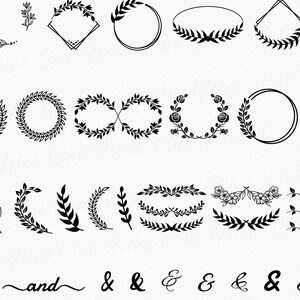 May include: A set of 20 black and white floral and leaf wreaths, borders, and dividers. The designs include circles, ovals, squares, infinity symbols, and floral accents.