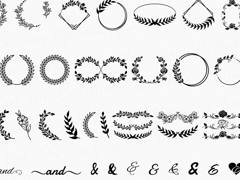 May include: A set of 20 black and white floral and leaf wreaths, borders, and dividers. The designs include circles, ovals, squares, infinity symbols, and floral accents.