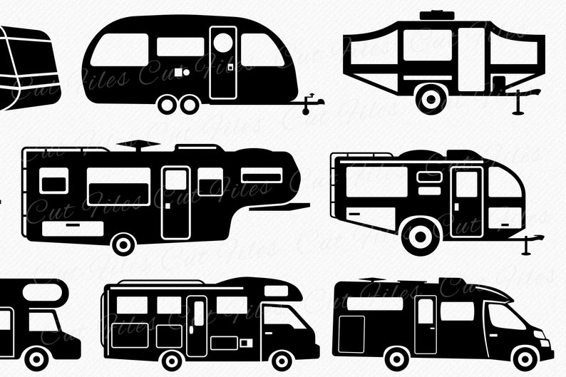 May include: A set of eight black and white silhouette illustrations of different types of RVs, including a pop-up camper, travel trailer, fifth wheel, and motorhome.