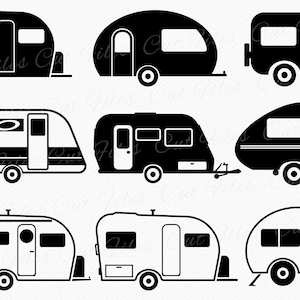 May include: A set of nine black and white silhouette illustrations of different styles of camper trailers. The illustrations are simple and modern, and would be perfect for use in a variety of projects, such as scrapbooking, card making, or web design.