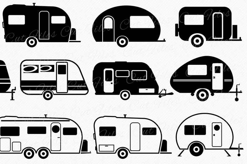 May include: A set of nine black and white silhouette illustrations of different styles of camper trailers. The illustrations are simple and modern, and would be perfect for use in a variety of projects, such as scrapbooking, card making, or web design.