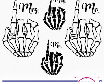 Mrs Mr Skeleton Wedding Finger SVG, Engagement Rings SVG, Bride and Groom Wedding Fingers Vector Cut and Clipart Cricut, Silhouette
