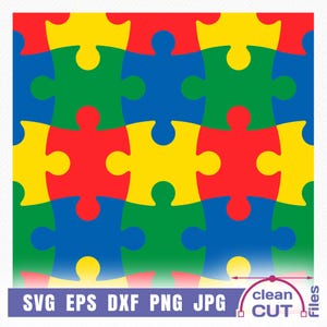 May include: A seamless pattern of puzzle pieces in red, yellow, blue, and green. The pieces are arranged in a repeating pattern, creating a colorful and abstract design.