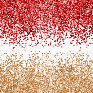 May include: Red and gold glitter confetti scattered on a white background. The red glitter is at the top of the image and the gold glitter is at the bottom.