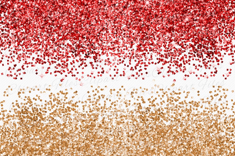 May include: Red and gold glitter confetti scattered on a white background. The red glitter is at the top of the image and the gold glitter is at the bottom.