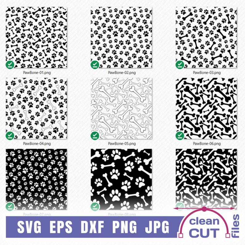 Seamless Paw and Bone SVG Pattern Bundle, Animal Paw Print Background ...