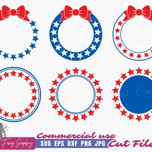 May include: Six different red, white, and blue star-shaped circle frames with a bow at the top. The frames are perfect for adding a patriotic touch to your crafts.